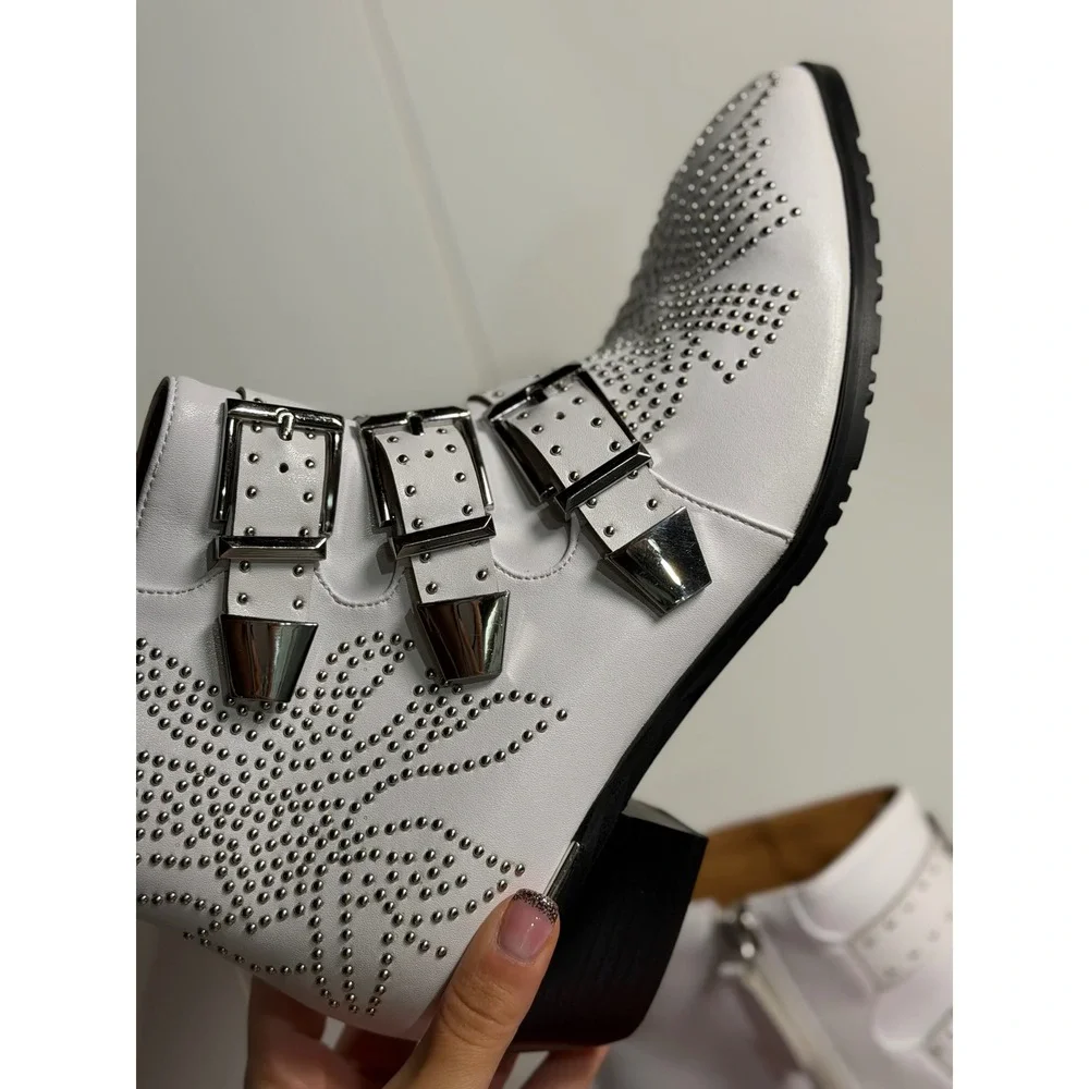 Yolanda Bootie‎ White Silver Studded Triple Buckle Pointed Toe Ankle Boots 7.5